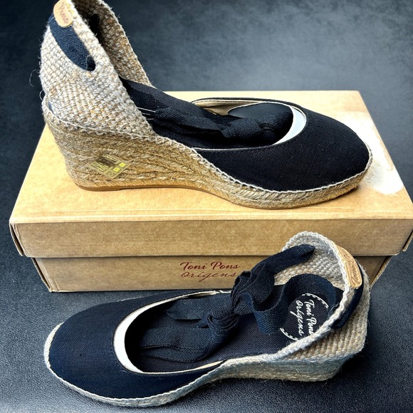 Vegan Wedge Espadrilles Toni Pons Calonge 36 Size 6 Black Hand Stitched NEW - Picture 2 of 7